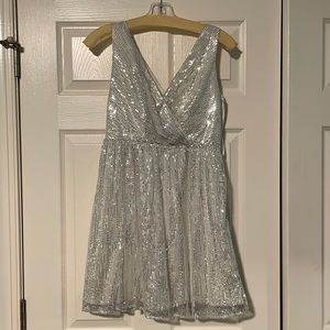 Silver sequin A line wrap top dress